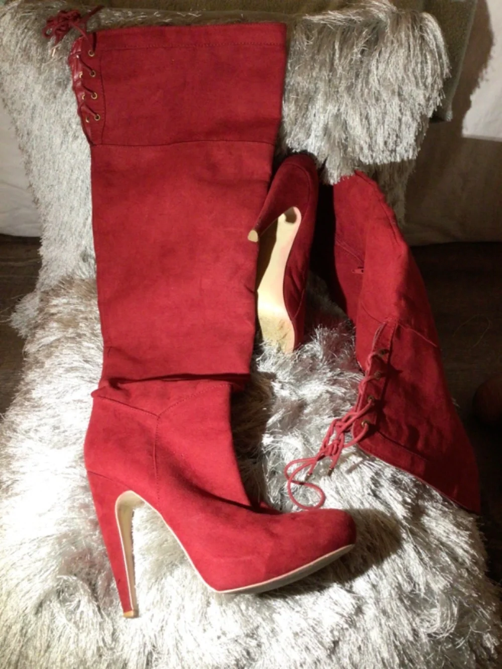 Candy Apple Red suede gold tip lace tie thigh high heeled boot